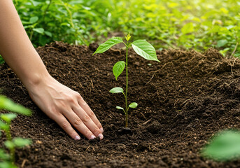 Hand to plant a tree in the soil, Raising awareness for the love of wildlife, Wild plant concept. top view.