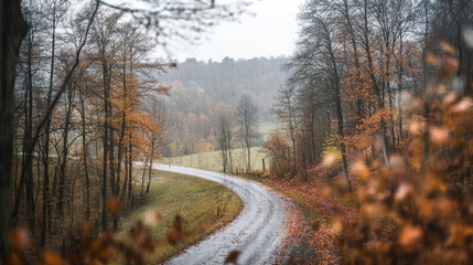 Fototapeta premium Serene autumn landscape with rain-soaked path and colorful foliage in a tranquil forest setting