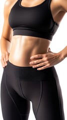 The sporty shape of the woman wearing a tracksuit shows the perfect abdominal muscles of the body isolated on a white background. Fitness Fitness Healthy lifestyle exercise sports nutrition concept