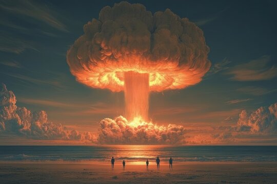 People observe the world coming to an end as a nuclear bomb explodes in front of them. Mixed media illustration