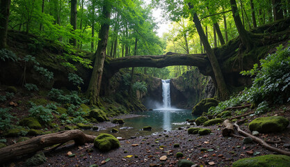 Waterfall cascading into a lush forest pool.