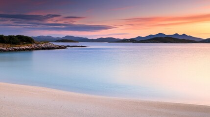 Fototapeta premium Serene Coastal Sunrise: A Pastel Hues Coastal Landscape Painting of Majestic Mountains and Calm Waters