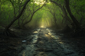 Obraz premium Huge Dump in a Tropical Mangrove Tree Forest. Plastic Waste Floating in Lake Water. An Illustration of Environmental Pollution and Ecological Problems