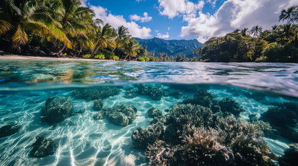 Fototapeta premium Discovering the vibrant underwater world of a tropical lagoon with coral reefs and clear blue waters