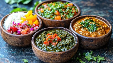 Fototapeta premium Indian curries, rice, salsa, dark background; restaurant menu