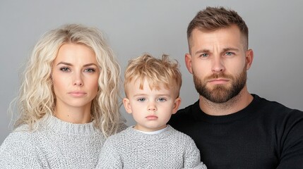 Serious Family Portrait Against Gray Background