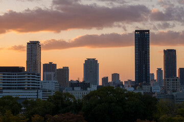 The night city view in Osaka in Asia, Japan, Kansai, Osaka, in summer, on a sunny day.