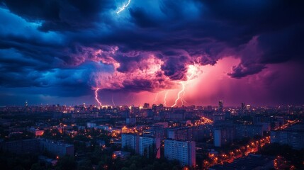 A dramatic storm reveals powerful bolts of lightning illuminating the city
