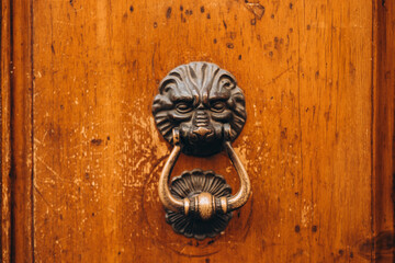 Antique brass door knocker in the shape of a lion's head, door element with metal lion. The knocker in the form of lion on the old wooden door. Vintage door handle.