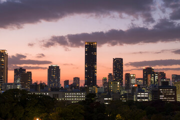 The night city view in Osaka in Asia, Japan, Kansai, Osaka, in summer, on a sunny day.