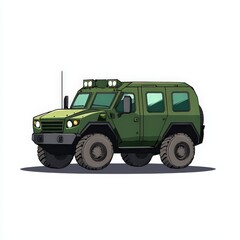 Green military vehicle on a white background showcasing its rugged design and structure