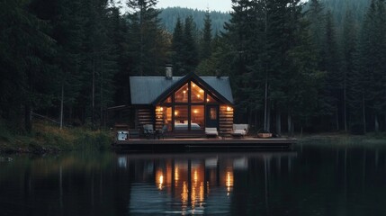 Fototapeta premium Cozy Cabin Lakeside Evening Reflection
