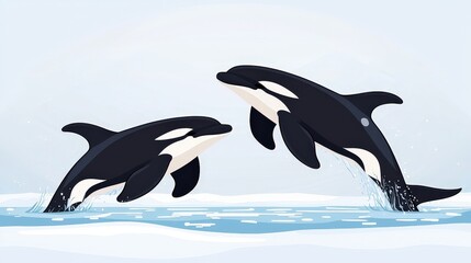 Fototapeta premium Two killer whales breaching and jumping out of the water in a natural marine environment