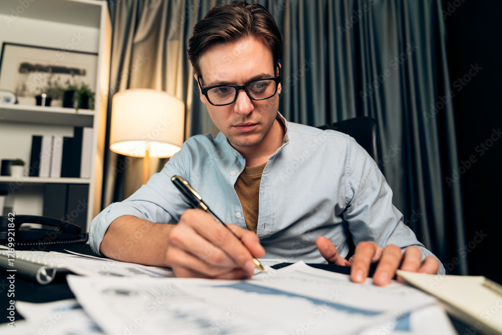 Poster thinking smart businessman surrounded paperwork report paragraph dynamic database analyzing to prese
