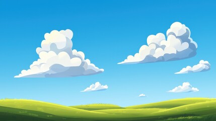 Fototapeta premium Cartoon landscape featuring a green field under a bright blue sky with fluffy white clouds