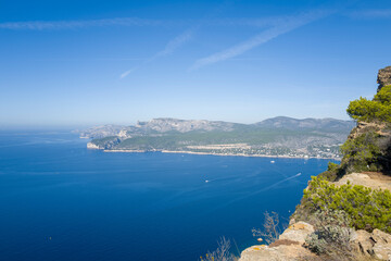 The view from the Soubeyrane cliffs to Cap Canaille in the calanques in Cassis in Europe, France, Provence Alpes Cote d Azur, Bouches du Rhone, Cassis, in summer, on a sunny day.