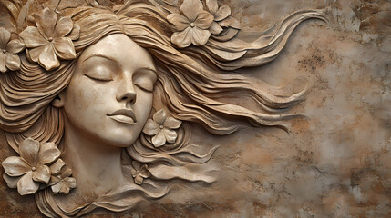 Serene stone woman relief, flowing hair, floral background, wall art. Whispering Stone Faces. Illustration