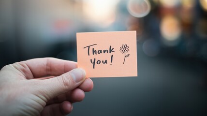 Hand is holding an orange thank you note with flower