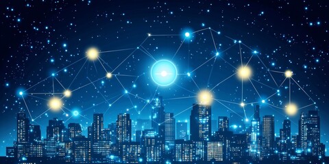 Connected City Skyline Luminous Network of Connections Over a Bustling Urban Landscape at Night