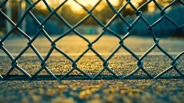 Chain link fence around court at sunset