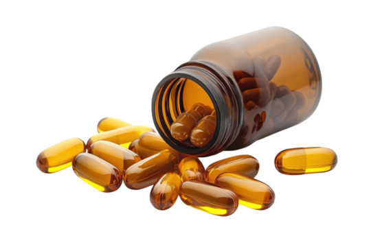 Golden capsules spill from an amber bottle, showcasing a health supplement in a bright setting isolated on transparent background