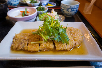 The meal in the mountains in Asia, Japan, Kansai, Nachikatsuura, in summer, on a sunny day.