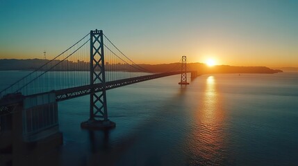 Fototapeta premium Aerial view of a large bridge spanning across a bay at sunset.