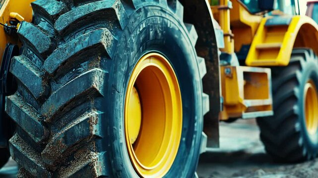 Close-up of tractor tire on construction site, blurred background activity