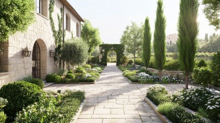 Obraz premium Italian Villa Garden Pathway. Sunny Day. Possible stock photo use Elegant home garden