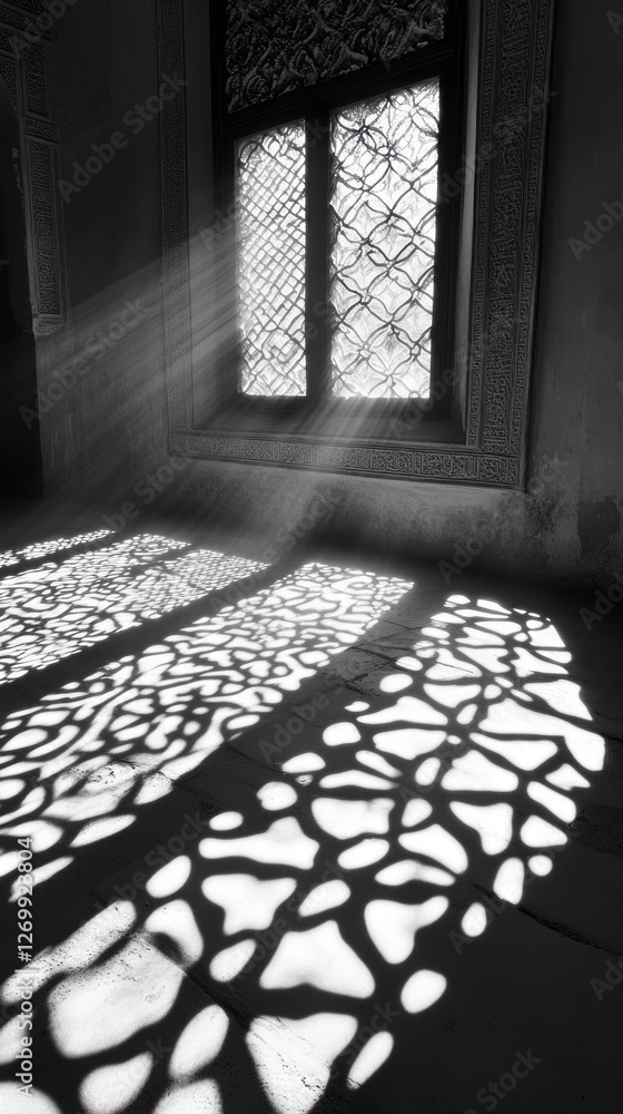 Poster Sunlight streams through an intricately designed window, creating captivating shadows that play across the floor. The atmosphere feels both serene and mystical, inviting deep reflection
