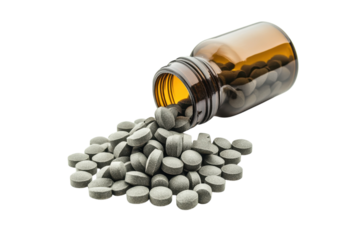 Various gray tablets spill from an amber bottle, capturing the essence of health and wellness isolated on transparent background