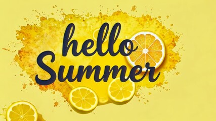 Hello summer text with lemon and orange slice on watercolor yellow background. Calligraphy lettering. Travel and vacation concept. - Powered by Adobe
