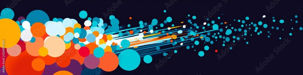 Poster abstract digital background with colorful spheres and glowing lines in dynamic horizontal movement