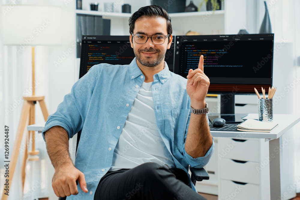 Poster profile's smart it developer looking camera to pose wearing glasses against on software development 