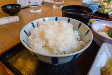 The meal in the mountains in Asia, Japan, Kansai, Nachikatsuura, in summer, on a sunny day.