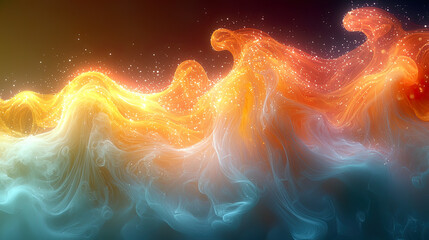 Abstract fluid light design with glowing yellow-orange and soft green light trails. Suitable for artistic digital artwork and background wallpaper.
