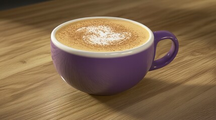 Fototapeta premium Aromatic Latte Art in a Vibrant Purple Cup on a Wooden Table