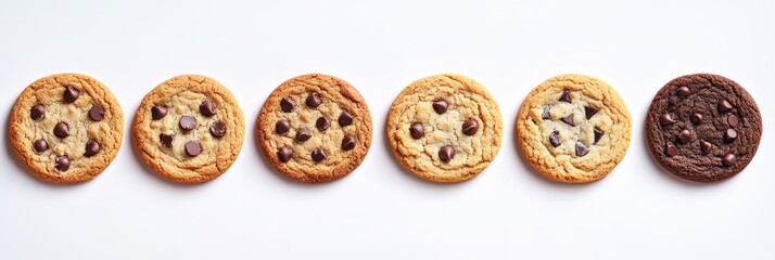 Obraz premium Six Delicious Homemade Chocolate Chip Cookies Isolated on a White Background, The Perfect Treat