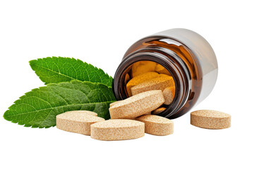 Natural health supplements spilling from an amber bottle surrounded by herbal leaves isolated on transparent background
