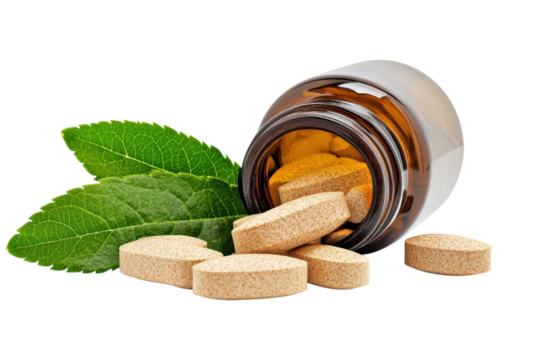 Natural health supplements spilling from an amber bottle surrounded by herbal leaves isolated on transparent background