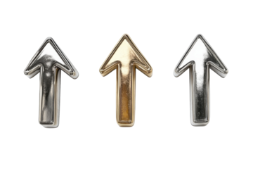 Shiny arrow symbols in silver, gold, and chrome showcasing upward movement against a plain backdrop isolated on transparent background