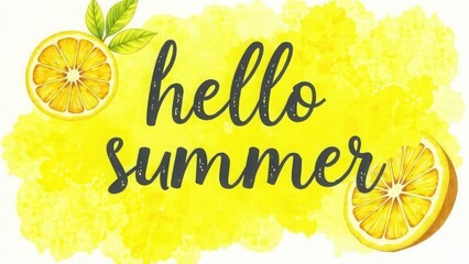 Hello summer text with lemon and orange slice on watercolor yellow background. Calligraphy lettering. Travel and vacation concept.