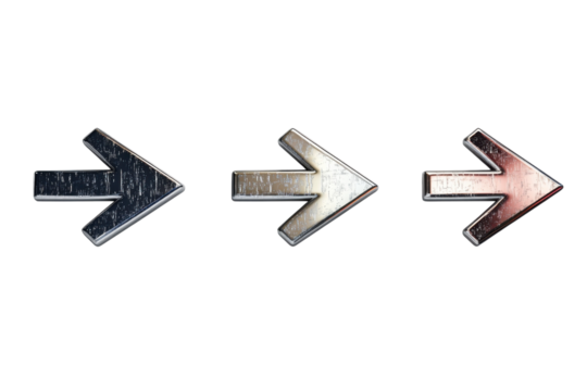 Three metallic arrows pointing right, symbolizing direction and progress in a minimalist design isolated on transparent background