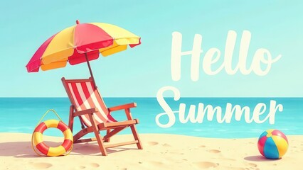 Summer hello vector banner set. Hello summer text beach time with chair and umbrella decoration elements in blue sky background collection. Vector illustration summer greeting invitation banner
