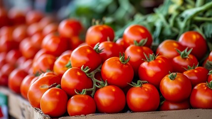 Fresh tomatoes displayed at a farmer's market.