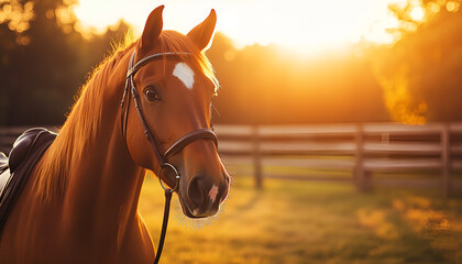 Fototapeta premium Majestic horse silhouette against vibrant sunset in tranquil countryside