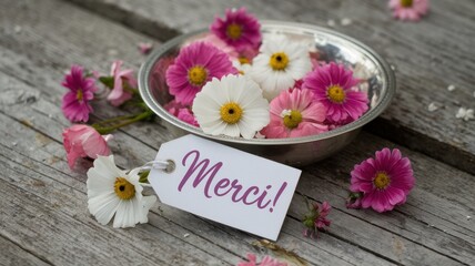 Fototapeta premium Flowers in a silver bowl with merci tag on wood