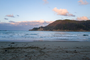 The sandy beach in Kehi, Japan, Kansai, Kehi, in summer, on a sunny day.