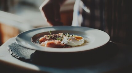Gourmet Easter brunch features elegantly plated smoked salmon with poached eggs and microgreens in sophisticated restaurant setting