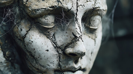 A weathered statue covered in cobwebs, evoking a sense of decay. Whispering Stone Faces. Illustration